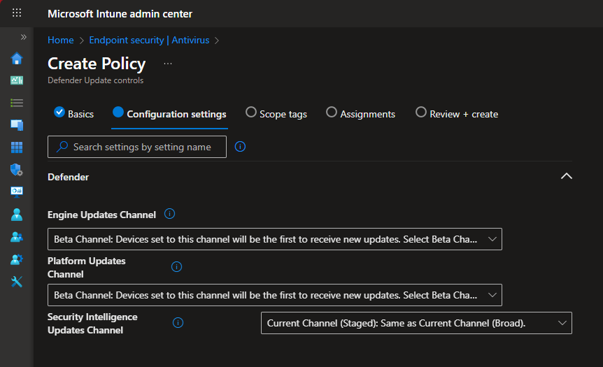 Settings Catalog policy option for Defender